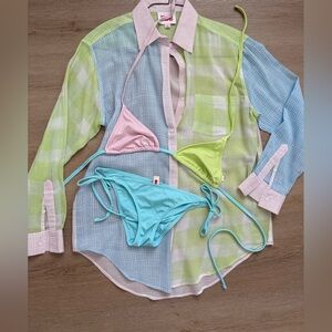 SOLID & STRIPED Pastel Pink, Lime, and Aqua Triangle Bikini Set with Coverup